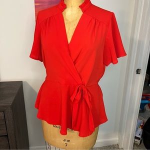 Monteau faux wrap shortsleeved top red sexy blouse size L (juniors)